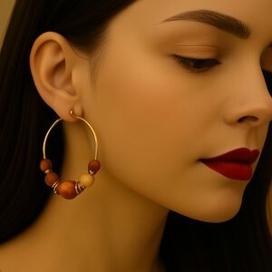 Boho Gold-Tone Wire Hoop Earrings with Wood-Style Beads – Women’s Jewelry #1